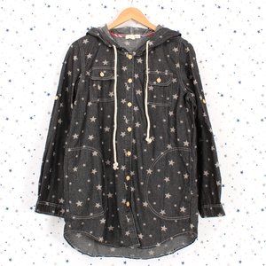 Star Print Hooded Button Up Denim Jacket Black